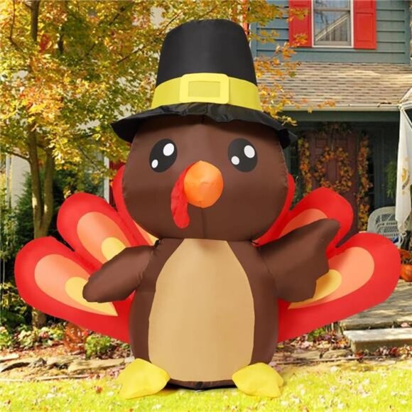 4FT Tall Thanksgiving Inflatables Turkey Baby in Hat with Built-in LEDs Blow Up